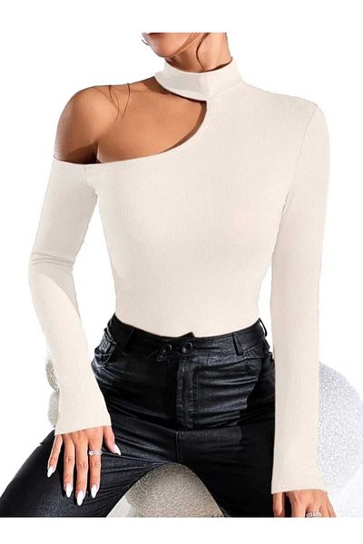 BİGÜMEX Women's Long Sleeve Half Turtleneck Off-the-Shoulder Camisole Blouse