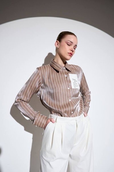 EsSo butik Long Sleeve Striped Shiny Satin Fabric Shirt