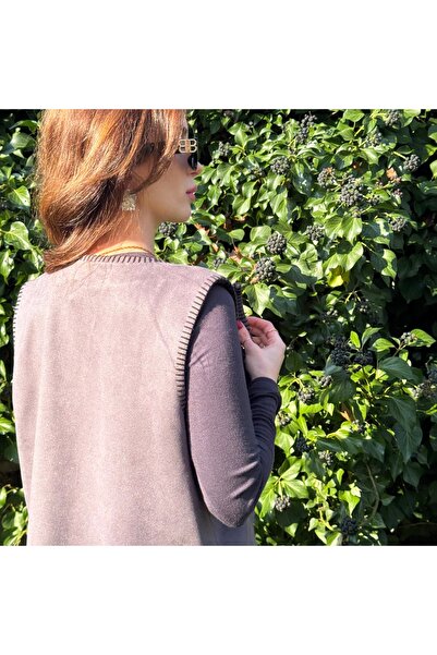 Byelmira Women's Shepherd Stitched Suede Vest Gray