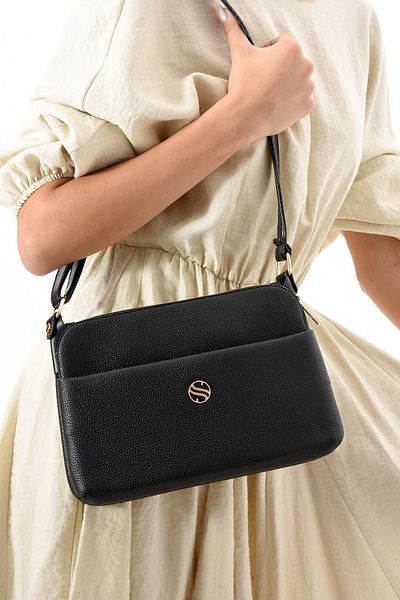morpelikan Women's Black Matte Shoulder Bag with Adjustable Cross Strap, 4 Compartments and Metal Zipper