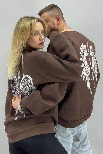 Black Sokak Blacksokak Unisex Brown Angel Wing Printed Crew Neck Lover Couple Combination Set of 2