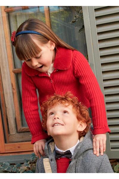 MAYORAL Knitted Collar Furry Girl Cardigan - Red