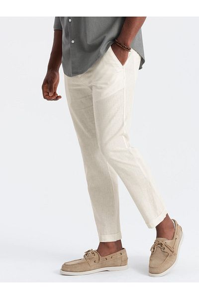 OMBRE Ανδρικό λινό παντελόνι chino roll-up - κρεμ V2 OM-PACP-0198 S
