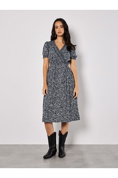 Apricot Geblümtes Midikleid In Wickeloptik