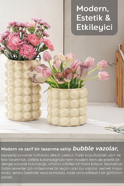 Meleni Home Σετ 2 Κεραμικά Βάζα Φούσκα - Διακοσμητικό Βάζο Φούσκα Τεχνητό Λουλούδι Dry Flower Pampas Vase Cream