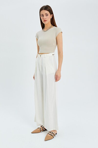 Mixray 4554 Жіночі брюки екрю з іспанськими штанинами - з плісировкою та ременем