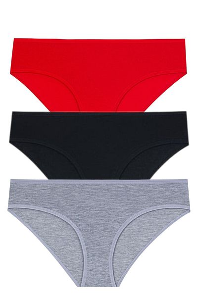 Gizli Butik Set de 3 chiloți pentru femei - bumbac, Lycra, culoare uni, roșu negru gri