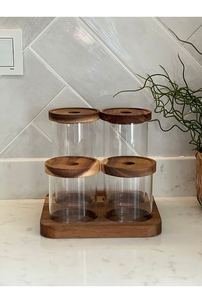 Sade Hediye Set of 4 Glass Jars with Acacia Stand