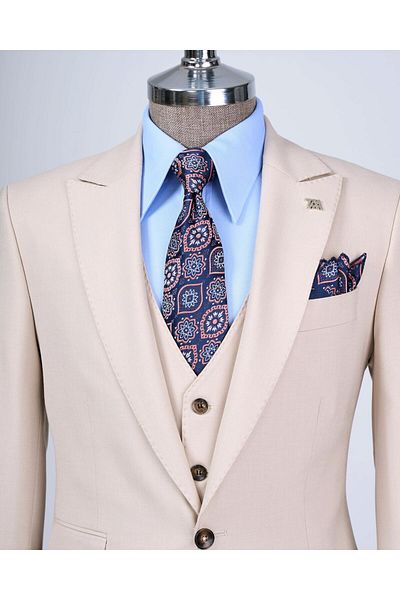 TerziAdemAltun Beige Italian Style Slim Fit 8 Drop Jacket Vest Pants Set - T12633