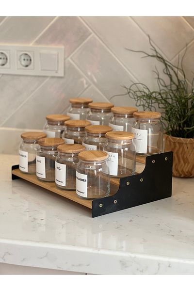 Sade Hediye 12-Piece Bamboo Swivel Stand - Black Metal Detailed Ladder Spice Rack