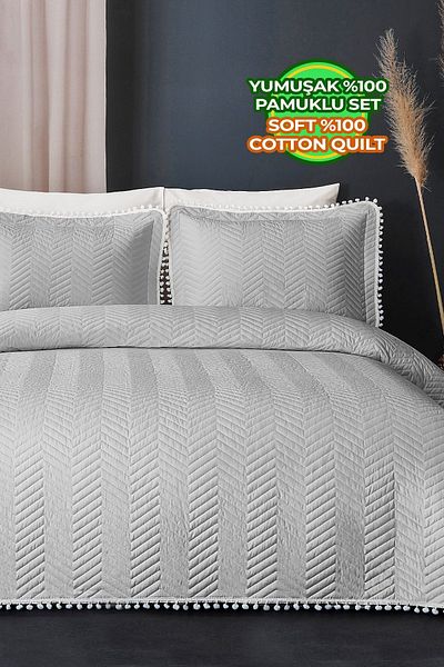 Evlen Home Collection Gray Single Pompom Bedding Set - 100% Cotton, Daily Fiber Filled
