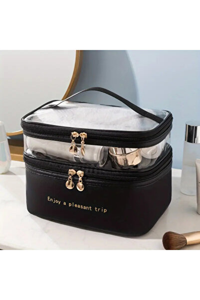 NightLove Чорна штучна шкіра багатомісна косметичка для жінок