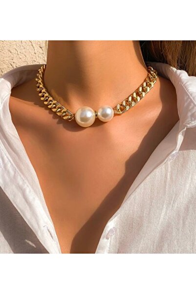 monalisatoka Kadın Gold Ezme Zincirli İncili Kolye