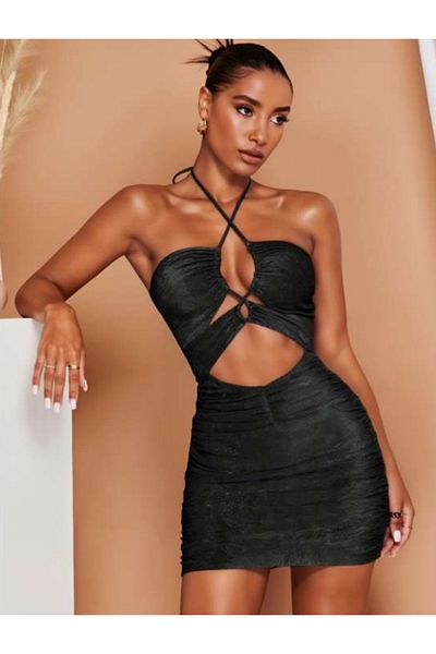 Bleu Petite Rochie de seara cu sclipici cu bretele incrucisate