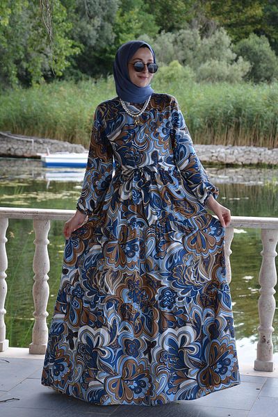 KÜBRA BİRİKTİR Bahamra Blue Patterned Dress