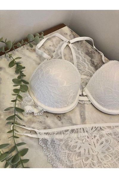 dorsha Women's Semi-Supported White Front Opening Detail Bra and Panty Set