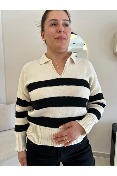MJORA Pulover tricotat cu dungi cu gât polo