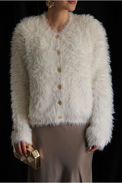 Julidress Ecru White Dense Furry Gold Heart Buttoned Premium Cardigan