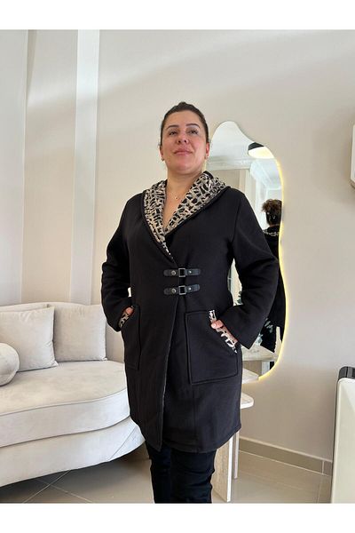 MJORA Black Hooded Leopard Detailed 3 Thread Knitted Jacket