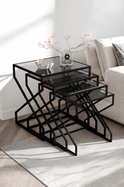 Dekoport Ela 4lü Zigon Sehpa Yan Sehpa Temperli Kırılmaz Füme Cam