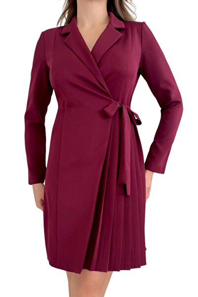 Moda Amore Дамска рокля с дълъг ръкав, двуредно закопчаване, колан и плисиран...