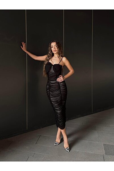 conconmoda Laziyo Tül Drapeli Likralı Astarlı Kurdele Detay Askılı Elbise