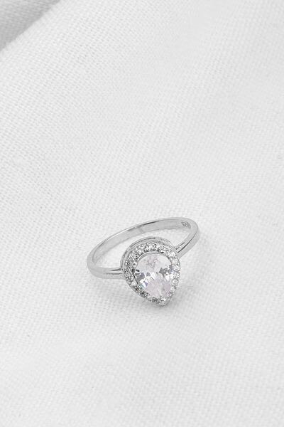 Silvano Jewelry 925 Ayar Gümüş Beyaz Taşlı Damla Yüzük