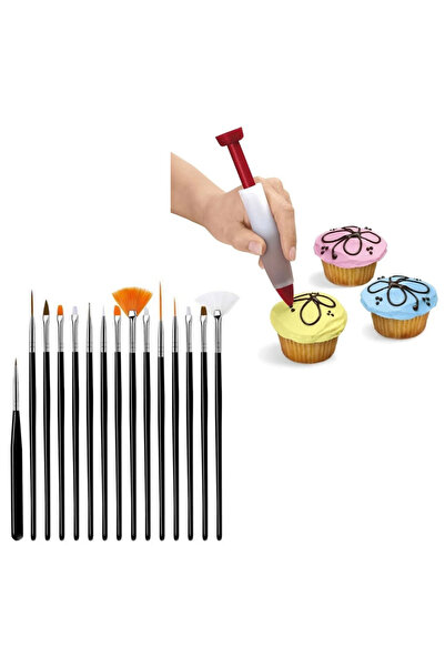 adin tasarım Pasta Dekor Kalemi ve Pasta Şeker Hamuru Kek Fırça Seti 15li Pas...