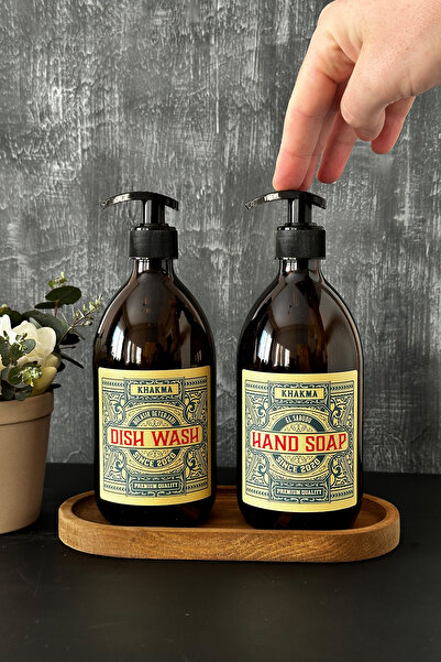 KHAKMA Ahşap Stantlı 500 Ml Amber Renkli 2'li Vintage Cam Sabunluk Seti Vintage2stantlısetsabunluk