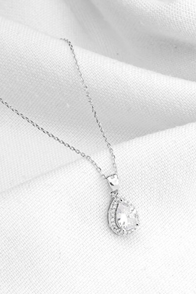 Silvano Jewelry 925 Ayar Gümüş Beyaz Taşlı Damla Kolye