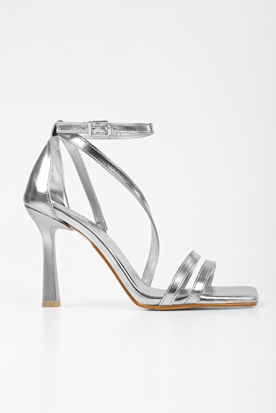 Shoeberry Women's Mules Silver Wrinkled Shiny Heeled Shoes