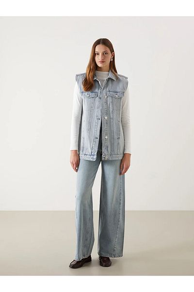 LC Waikiki Vestă de jeans pentru femei LCW Modest Indigo cu guler de cămașă