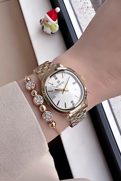Homies Gold Color Waterproof Women's Wristwatch - Oval Case, Steel Band + Bracelet Hmby2019C3