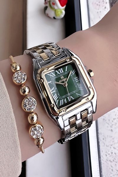 Homies Gold Silver Color Waterproof Women Wristwatch - Square Case, Steel Band + Bracelet Hmb3017C1