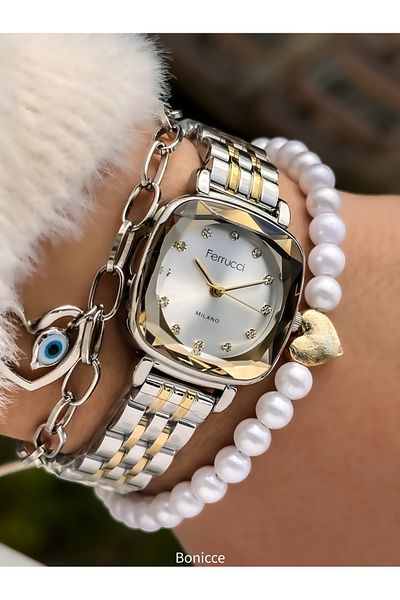 Ferrucci 25*25mm Silver Yellow Color Steel Band Cutout Glass Stone Women's Wristwatch and Heart Bracelets