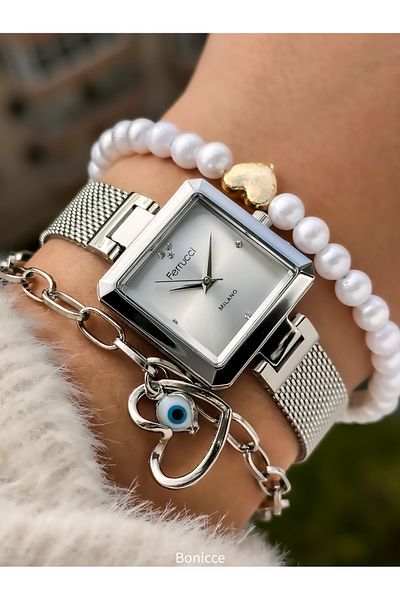 Ferrucci 25*25mm Women's Wristwatch and Heart Bracelets with Silver Color Mesh Steel Band White Stone
