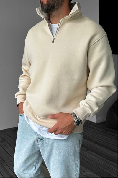 NEAR Hanorac unisex oversize cu croială lungă, cu jumătate de fermoar din lână Kilkis, cu guler în picioare