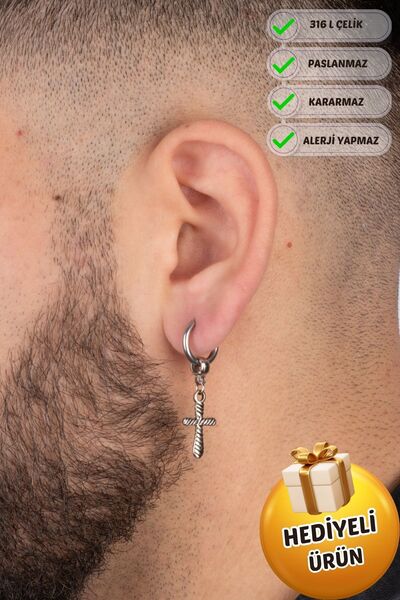 Piercing Market Steel & Silver Unisex Çelik Halka Sallantı Haç Küpe Paslanma Kararma Yapmaz