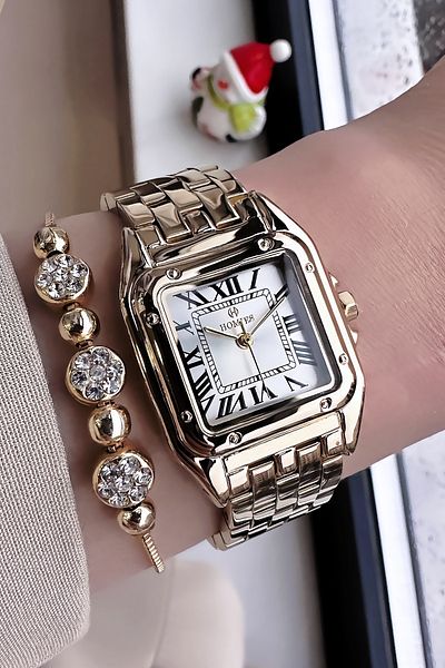 Homies Gold Color Waterproof Women's Wristwatch - Square Case, Steel Band + Bracelet Hmb3017C3