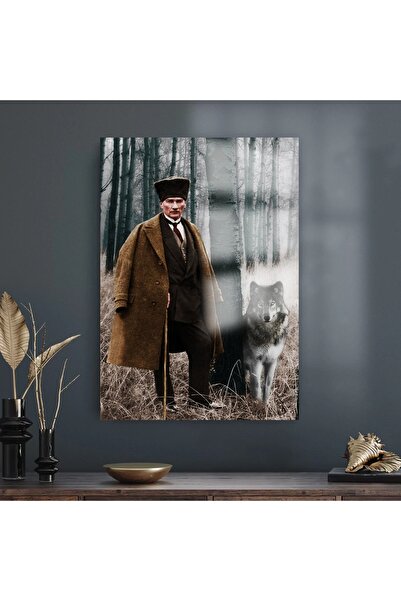 TAULART ULTRA YÜKSEK ÇÖZÜNÜRLÜKLÜ KURT VE ATATÜRK TABLOSU 4MM KIRILMAZ CAM TABLO EV, SALON, HEDİYESİ