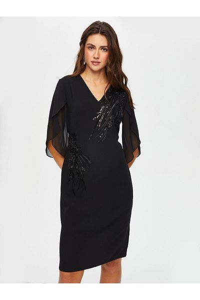 Faik Sönmez Stone and Bead Embellished Chiffon Sleeves V-Neck Evening Dress 017