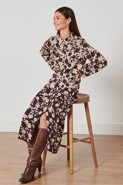 Tchibo Women Allover Printed Midi Skirt, Brown Combo