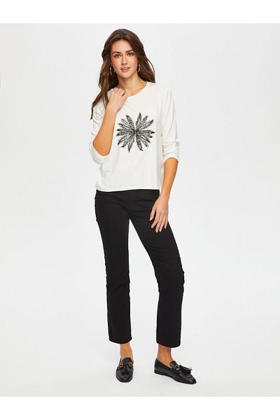 Faik Sönmez Front Floral Lace Appliqued Round Neck T-Shirt 087