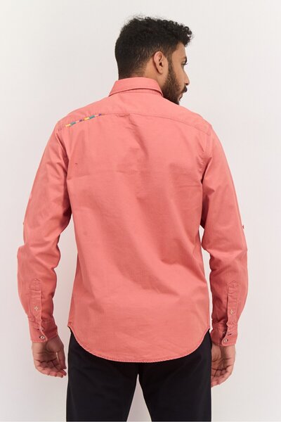 Scotch & Soda Men Regular Fit Embroidered Logo Long Sleeve Casual Shirt, Orange