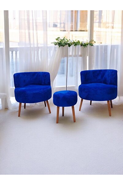 Edam Mavi Çay Seti İkili Koltuk Berjer ve Puf Takımı (Salon, Balkon, Ofis) 3'...