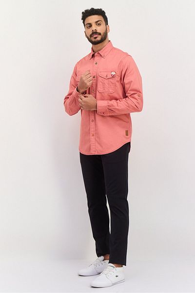 Scotch & Soda Men Regular Fit Embroidered Logo Long Sleeve Casual Shirt, Orange