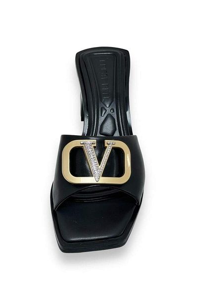 KRISTE BELL Black Skin Real Leather Wide Gold V Buckle Casual Heeled Women's Slippers