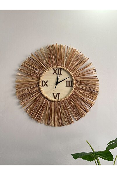 KorFam Bohem Modern Ahşap Rafya Duvar Saati