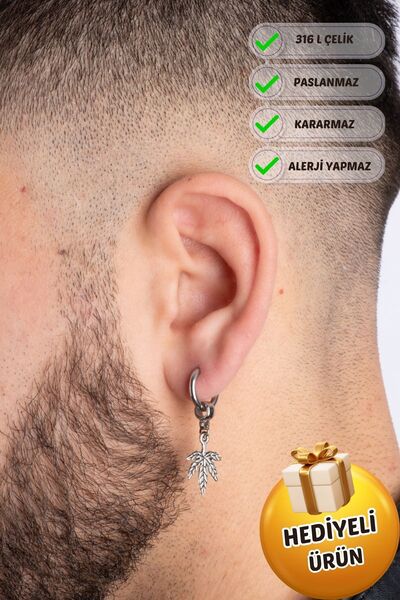 Piercing Market Steel & Silver Men's Steel Ring Dangle Leaf Figured Earrings Does Not Darken Rust