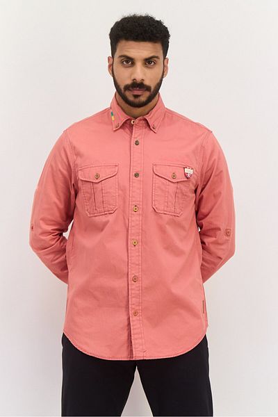 Scotch & Soda Men Regular Fit Embroidered Logo Long Sleeve Casual Shirt, Orange